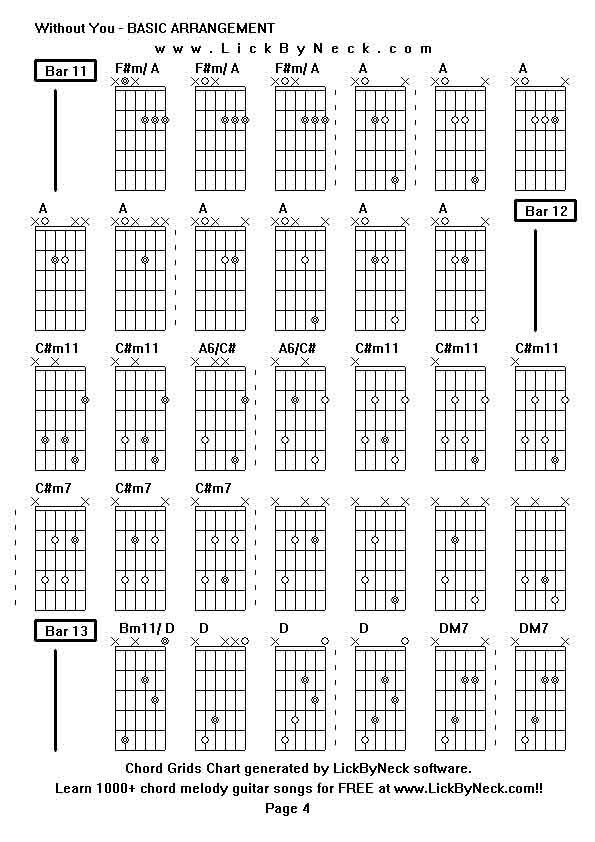 Chord Grids Chart of chord melody fingerstyle guitar song-Without You - BASIC ARRANGEMENT,generated by LickByNeck software.